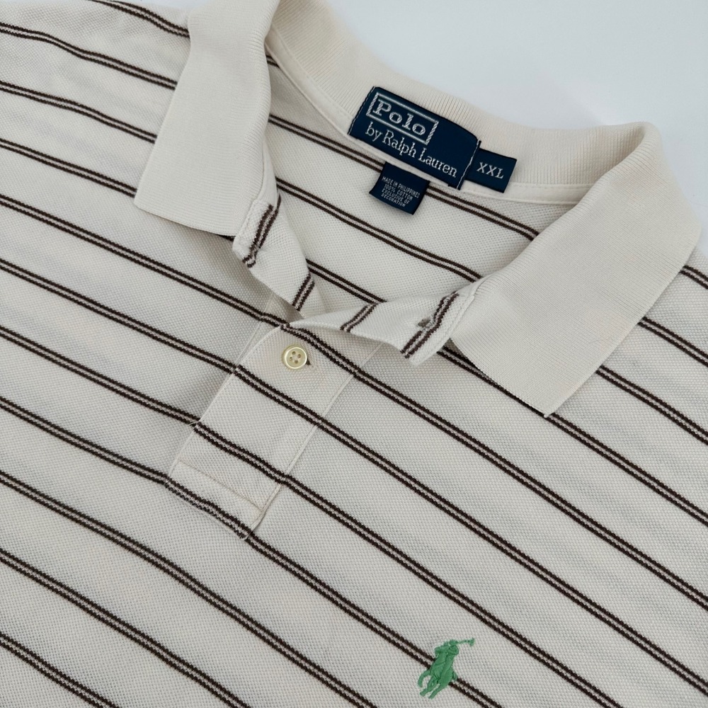 Polo Ralph Lauren Mens XXL Polo Shirt Cream Brown Striped Short Sleeve Cotton